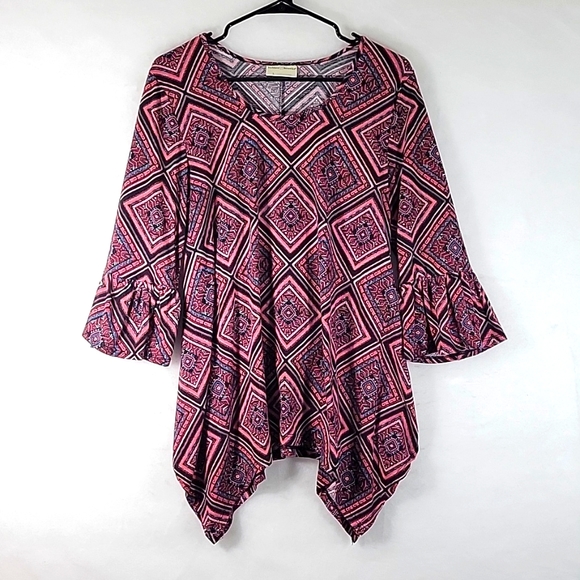 Bobbie Brooks Geometric Print Ruffle Bell Sleeve Top Size L - Picture 1 of 7